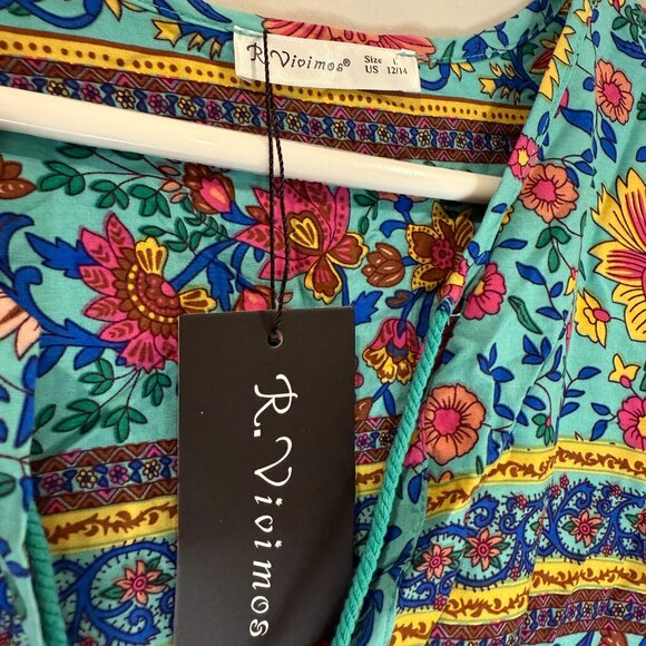 New R Vivimos NEW Aqua Blue Floral Midi Dress Long Sleeve Bohemian Women’s L - Picture 4 of 4